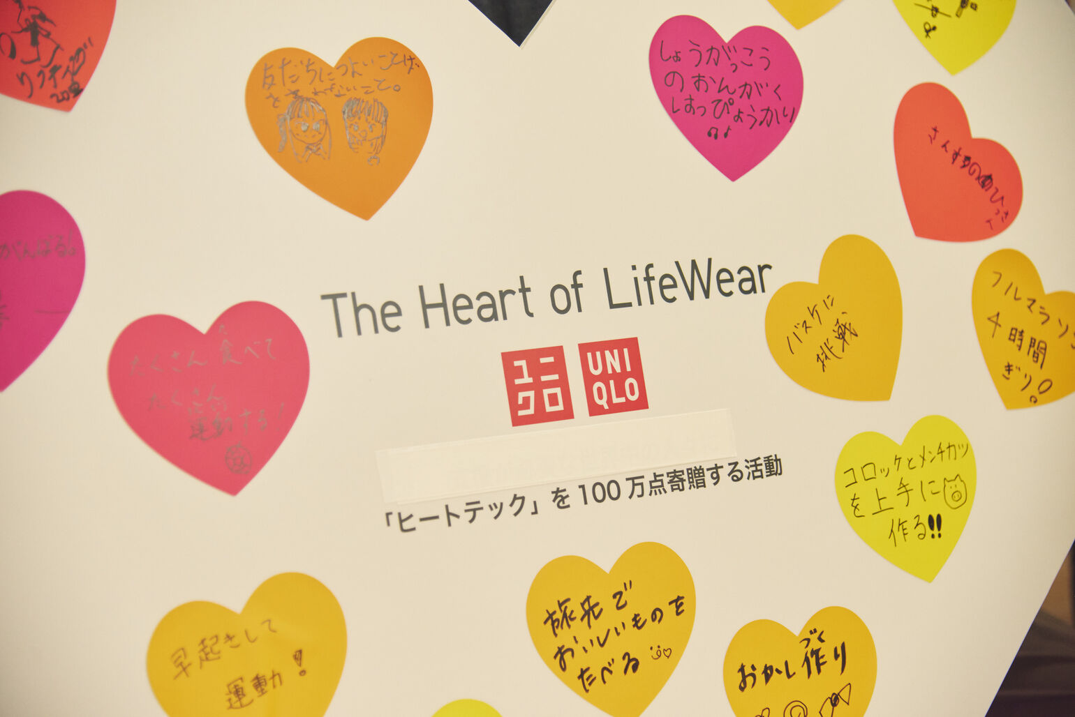 「ヒートテックを100万点寄贈する活動」と記されたボードに、色とりどりのメッセージ入りハート型カードが多数貼られている画像